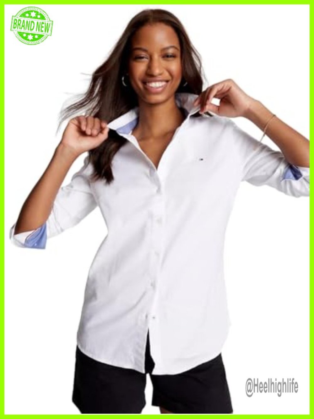 Tommy Hilfiger Womens Button Down Shirt Organic Cotton Blend Adjustable Sleeves